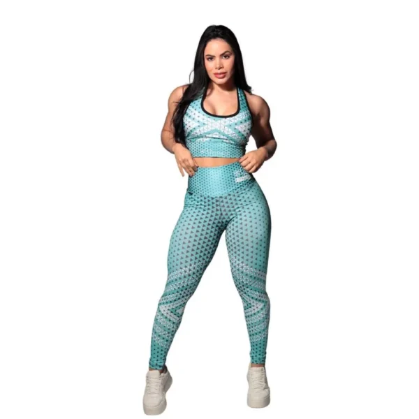 Conjunto Fitness Cintura Alta Azul – Legging e Top em Poliamida