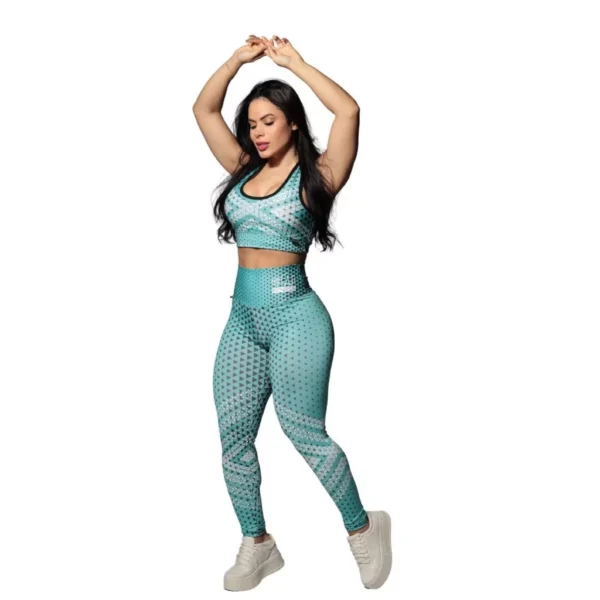 Conjunto Fitness Cintura Alta Azul – Legging e Top em Poliamida