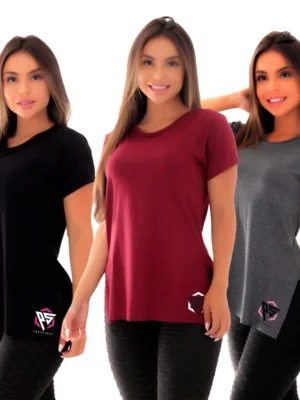 Três modelos usando Kit 3 Blusas Femininas Tapa Bumbum Academia nas cores preta vinho e cinza perfeitas para academia