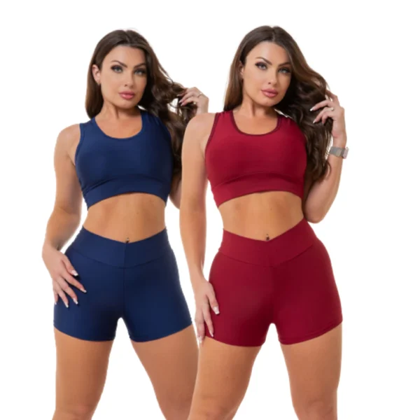 Conjunto fitness feminino em suplex com short e top nas cores azul e vinho, ajustado ao corpo, ideal para práticas esportivas.