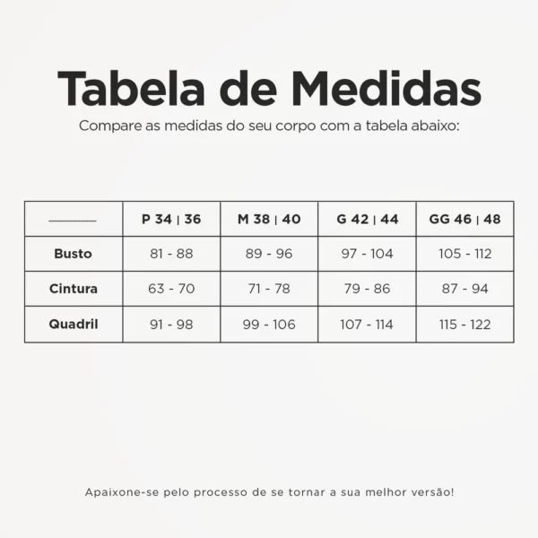 Tabela de medidas do conjunto Massam Fitness, com busto, cintura e quadril para tamanhos P, M, G e GG.