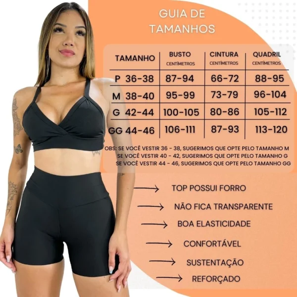 Guia de tamanhos detalhado para o conjunto fitness feminino, incluindo medidas de busto, cintura e quadril para tamanhos P, M, G e GG.